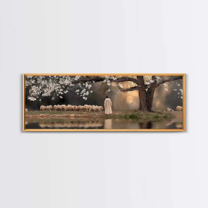 Shepherd’s Quiet Dawn, Framed Canvas Print, Christian Wall Art, Panoramic Print, Jesus Painting, Christian Art Canvas, Christian Gift Ideas