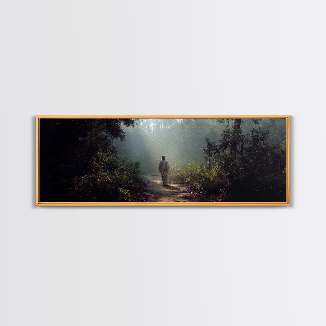 Light Through The Trees, Framed Canvas Print, Christian Wall Art, Jesus Painting, Panoramic Print, Christian Art Canvas, Large Christian Pa