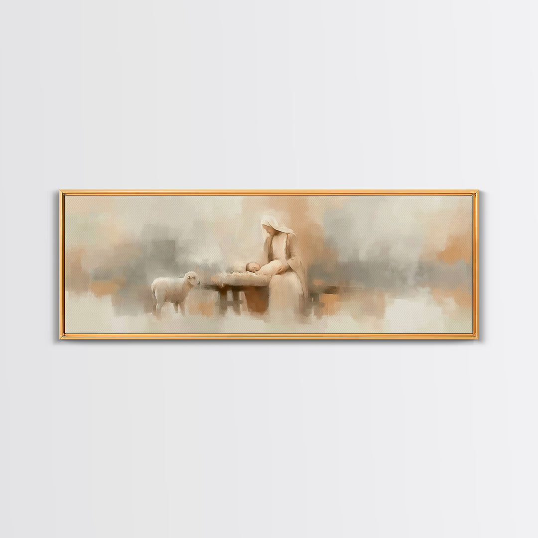 Gentle Manger Light – Framed Canvas Print – Panoramic Art – Christian Wall Art – Christian Art Canvas – Christmas Art – Christian Decor