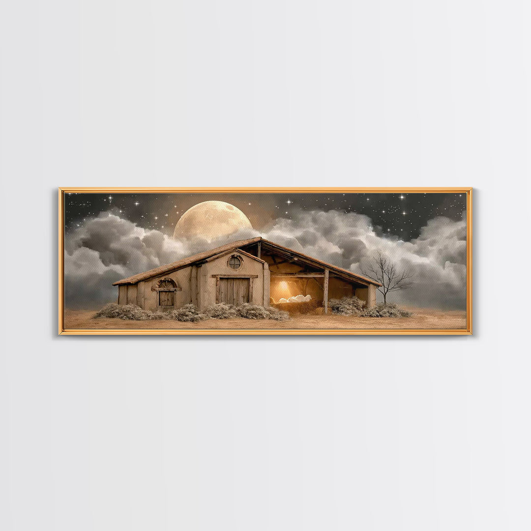 Starry Night Shelter, Framed Canvas Print, Panoramic Wall Art, Christian Christmas Art, Christmas Art Prints, Christian Wall Art, Christian