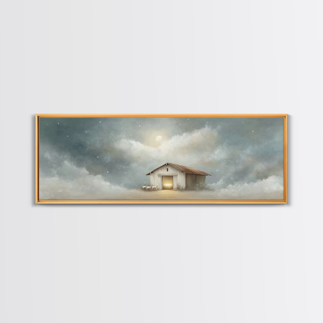 Midnight Stable Peace | Framed Canvas Print | Panoramic Painting | Christian Art Canvas | Christmas Wall Art | Christian Christmas Decor |