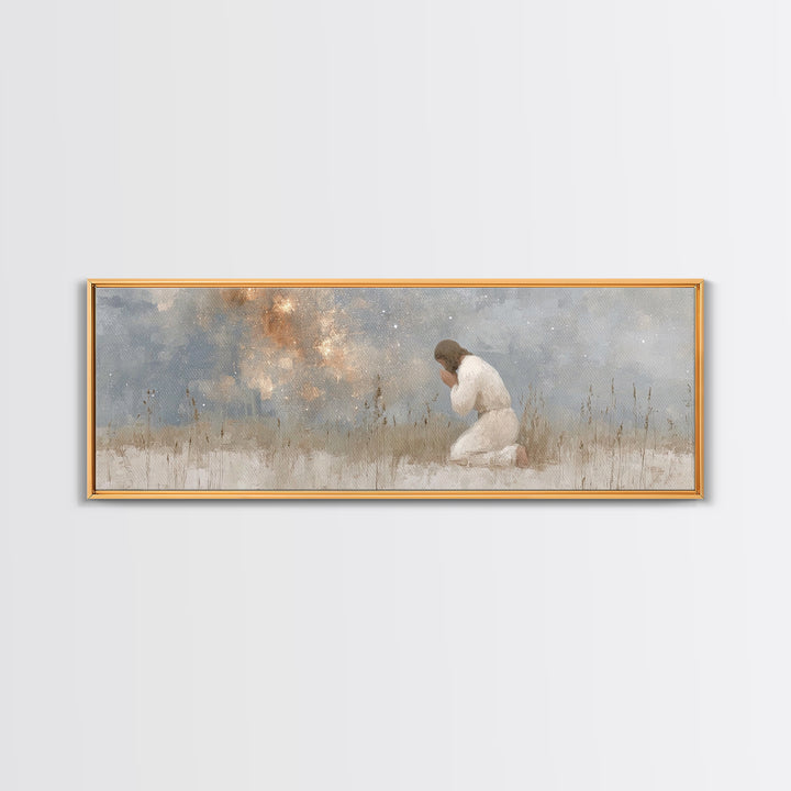 Silent Petition, Framed Canvas Print, Panoramic Wall Art, Christian Art Canvas, Jesus Painting, Christian Wall Art, Christian Christmas Art