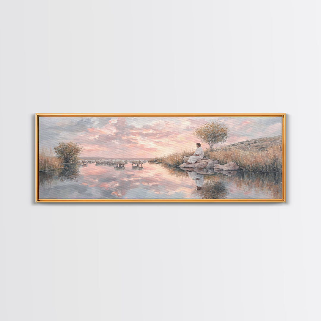 Shepherd’s Quiet Path, Framed Canvas Print, Panoramic Frame, Christian Art Canvas, Large Christian Painting, Jesus Painting, Christmas Wall