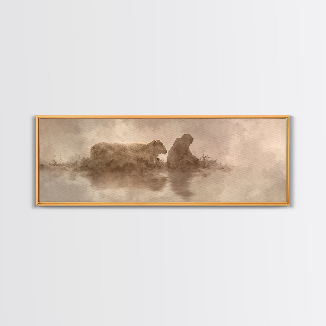 Calm Pasture Hope | Framed Canvas Print | Panoramic Art | Christian Art Work | Subtle Christian Art | Jesus Christmas Art | Christian Decor
