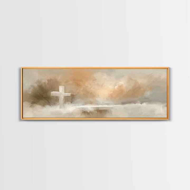 Morning Hope Cross, Framed Canvas Print, Christian Wall Art, Panoramic Print, Christian Painting, Christmas Art, Christian Art Canvas