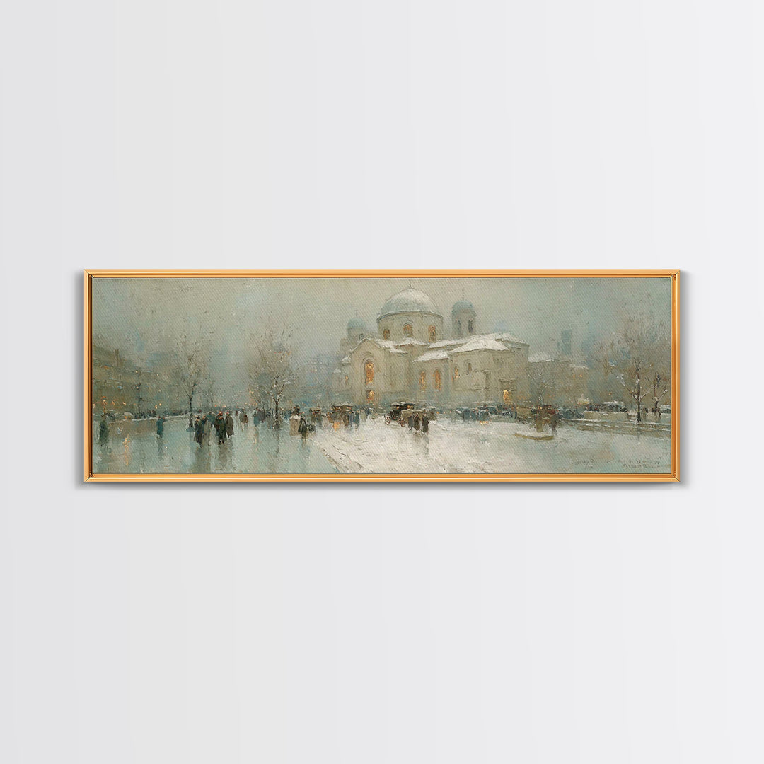 Snowy City Faith, Framed Canvas Print, Christian Art Work, Panoramic Wall Art, Christmas Art Prints, Christian Decor For Home, Modern Chris