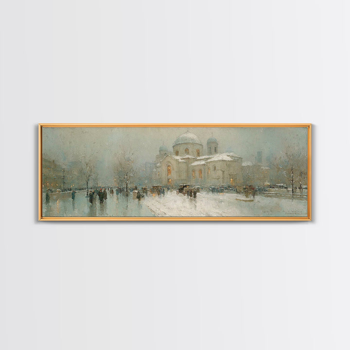Snowy City Faith, Framed Canvas Print, Christian Art Work, Panoramic Wall Art, Christmas Art Prints, Christian Decor For Home, Modern Chris