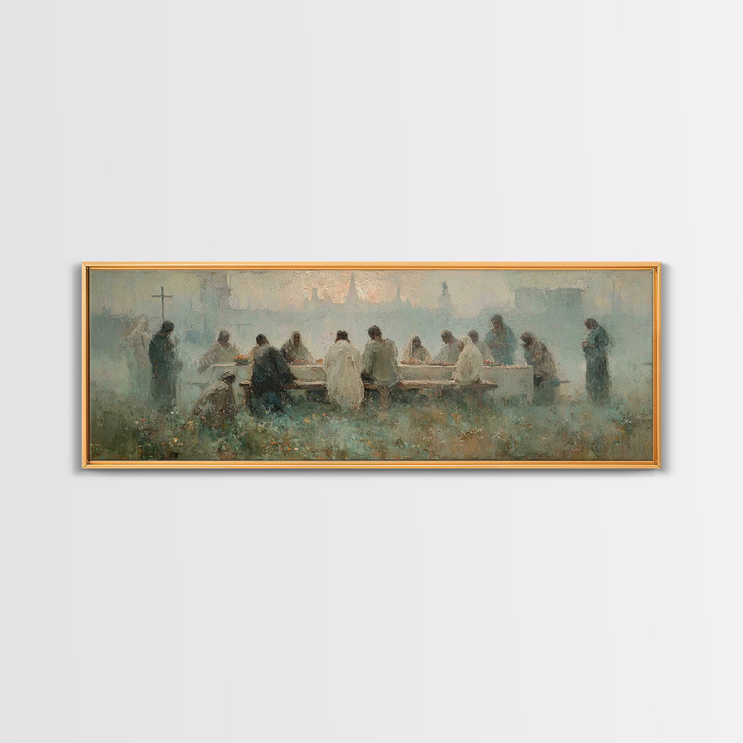 Upper Room Reverence, Framed Canvas Print, Christian Paintings, Large Christian Painting, Jesus Art Print, Panoramic Painting, Christian Ar