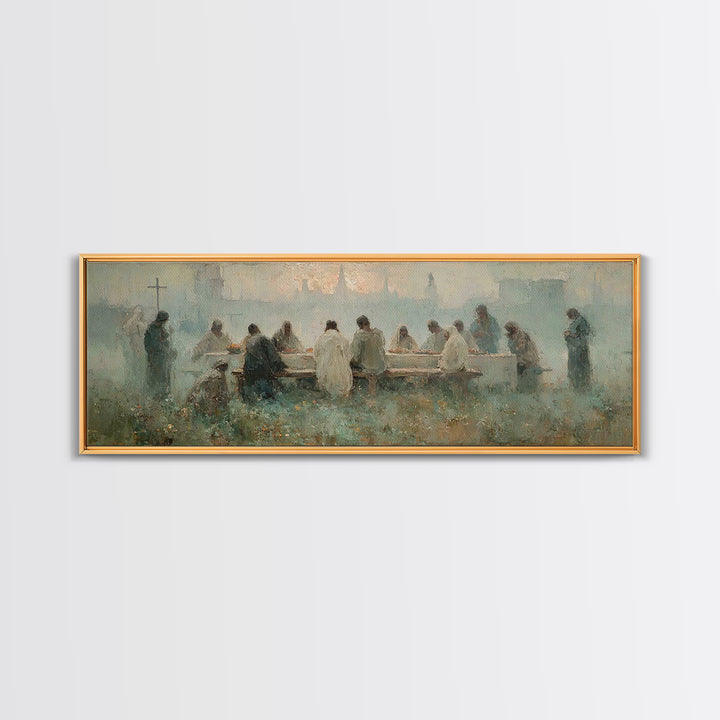 Upper Room Reverence, Framed Canvas Print, Christian Paintings, Large Christian Painting, Jesus Art Print, Panoramic Painting, Christian Ar