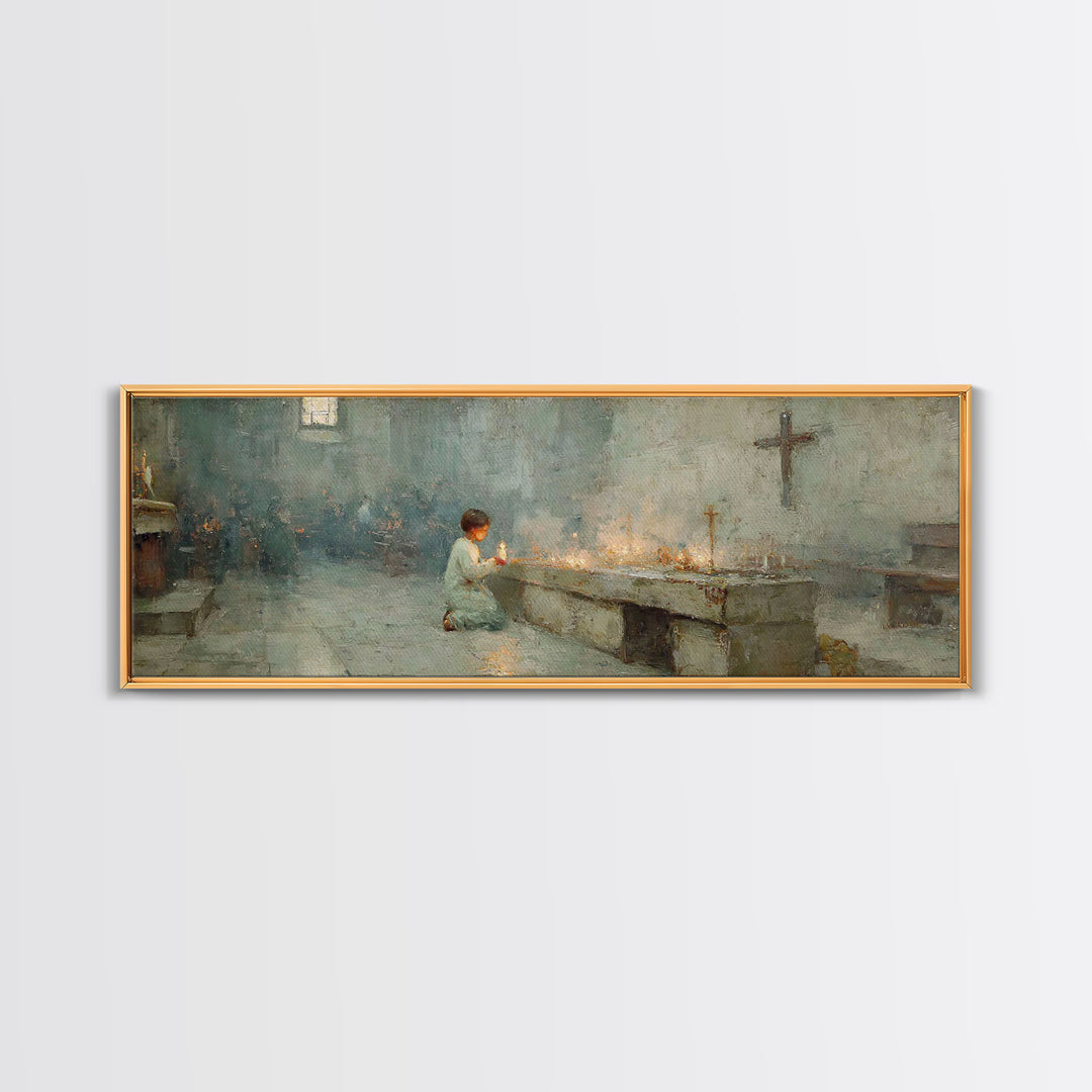 Sanctuary Candles | Framed Canvas Print | Christian Wall Art | Panoramic Painting | Christian Art Print | Christmas Art | Subtle Christian