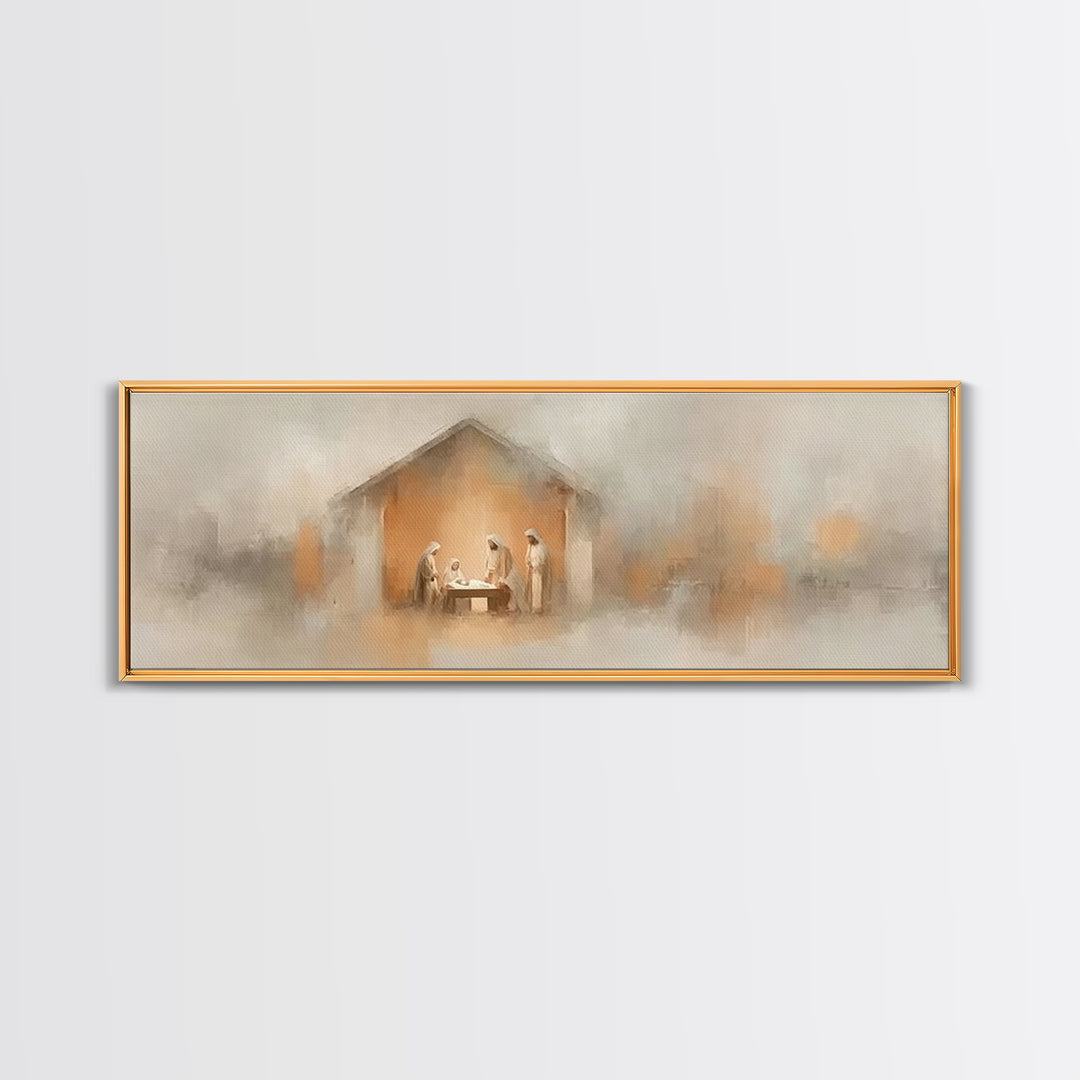 Nativity Glow, Framed Canvas Print, Panoramic Art, Christian Wall Art, Christian Art Canvas, Jesus Painting, Christmas Art