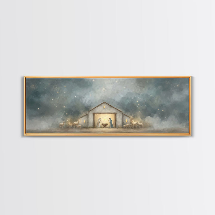 Starry Night Manger - Framed Canvas Print - Panoramic Print - Christian Christmas Art - Christian Art Canvas - Jesus Painting