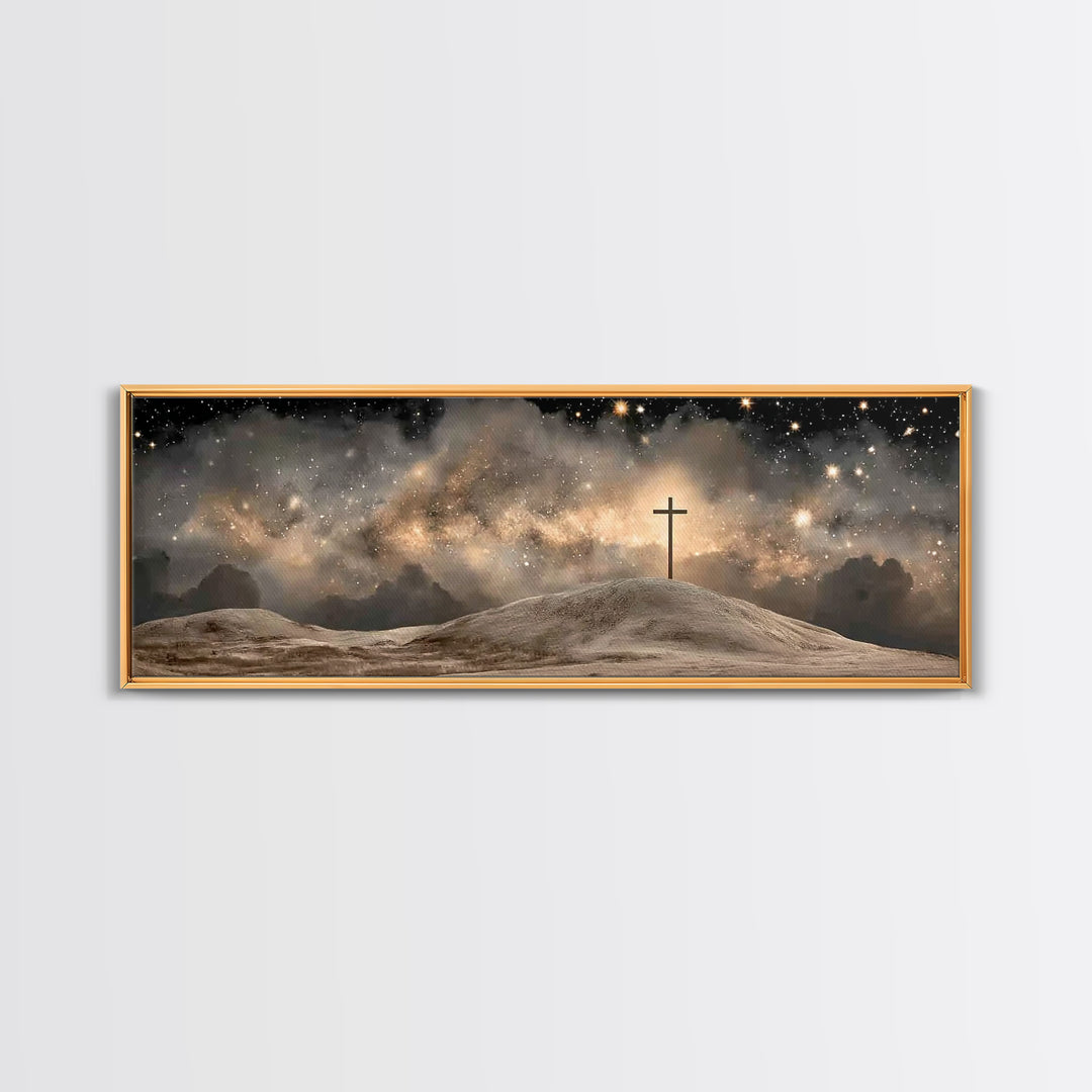 Cross On The Hill, Framed Canvas Print, Panoramic Art, Christian Wall Art, Christian Art Canvas, Jesus Painting, Christmas Art