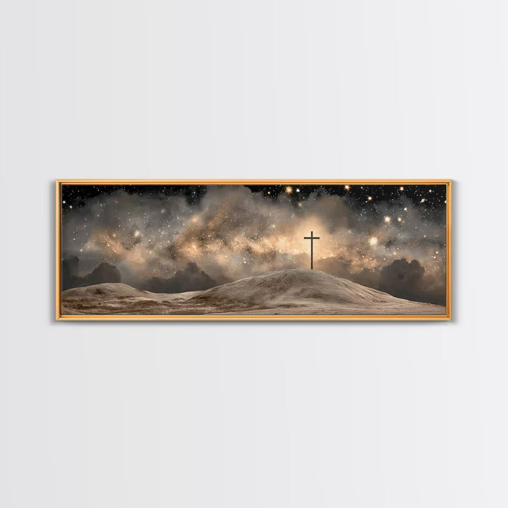 Cross On The Hill, Framed Canvas Print, Panoramic Art, Christian Wall Art, Christian Art Canvas, Jesus Painting, Christmas Art