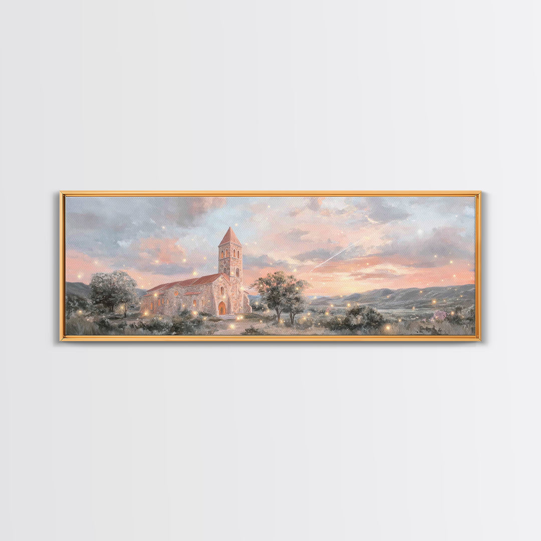 Evening Parish Glow | Framed Canvas Print | Panoramic Wall Art | Christian Art Canvas | Christian Christmas Art | Christian Wall Art | Chri