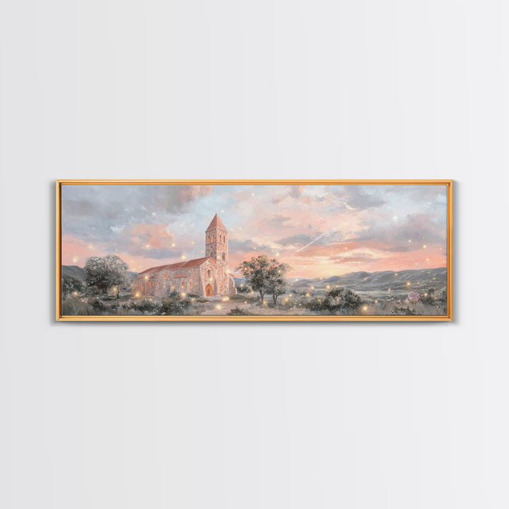 Evening Parish Glow | Framed Canvas Print | Panoramic Wall Art | Christian Art Canvas | Christian Christmas Art | Christian Wall Art | Chri