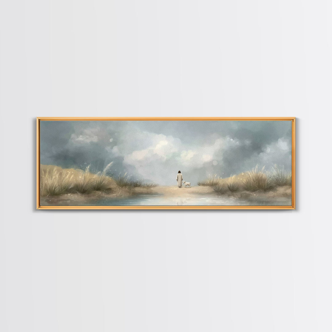 Gentle Shepherd Path – Framed Canvas Print – Christian Wall Art – Jesus Painting – Panoramic Art – Christian Art Canvas – Christian Christm