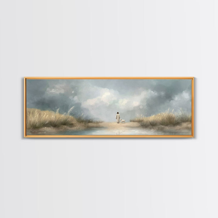Gentle Shepherd Path – Framed Canvas Print – Christian Wall Art – Jesus Painting – Panoramic Art – Christian Art Canvas – Christian Christm