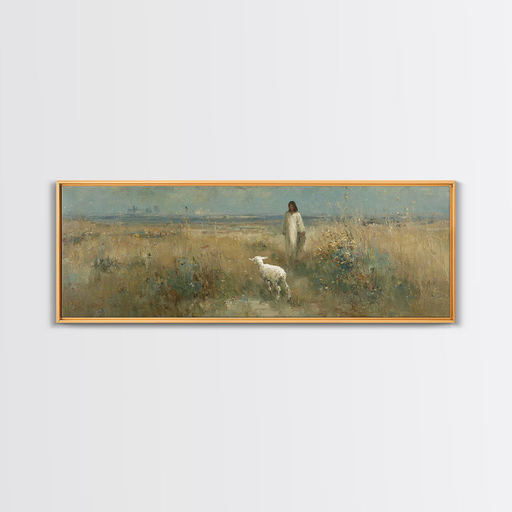 Quiet Meadow Grace, Framed Canvas Print, Christian Wall Art, Panoramic Print, Jesus Painting, Christian Christmas Art, Christian Art Canvas