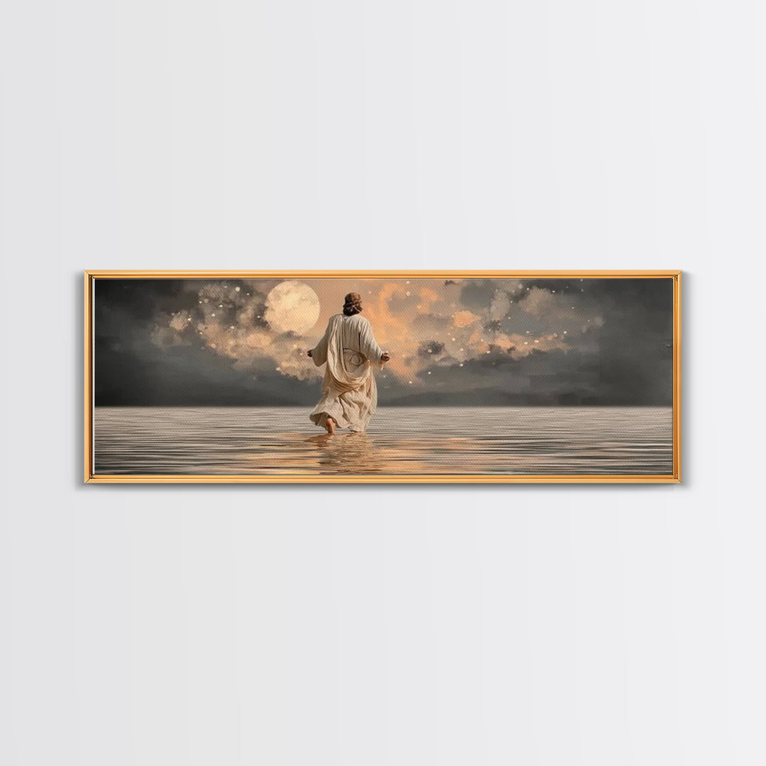 Moonlit Savior Calm – Framed Canvas Print – Panoramic Art – Christian Wall Art – Jesus Painting – Christian Art Canvas – Christmas Art