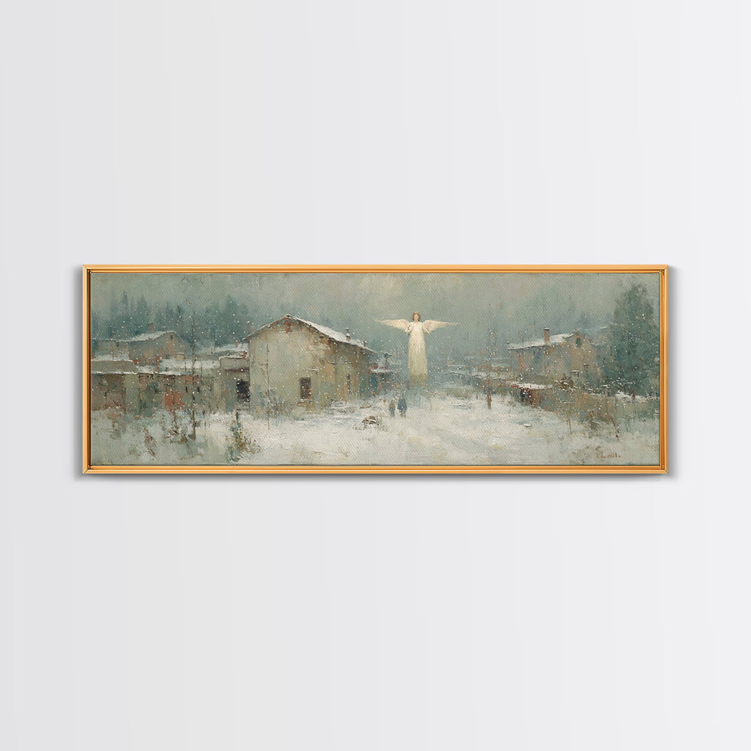 Winter Angel Blessing – Framed Canvas Print – Christian Wall Art – Panoramic Art – Christian Art Canvas – Christmas Art – Holiday Art