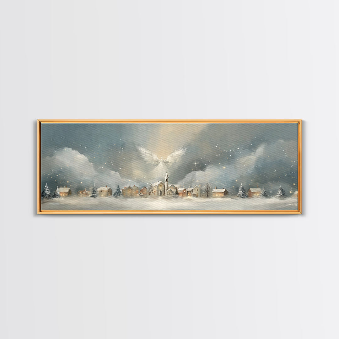 Heavenly Village Light, Framed Canvas Print, Christian Wall Art, Panoramic Painting, Christian Christmas Art, Christian Art Canvas, Holiday