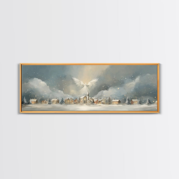Heavenly Village Light, Framed Canvas Print, Christian Wall Art, Panoramic Painting, Christian Christmas Art, Christian Art Canvas, Holiday