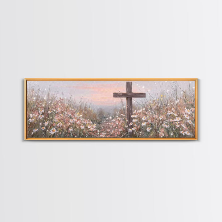 Silent Cross Meadow | Framed Canvas Print | Panoramic Wall Art | Christian Art Canvas | Subtle Christian Art | Christian Decor | Christmas