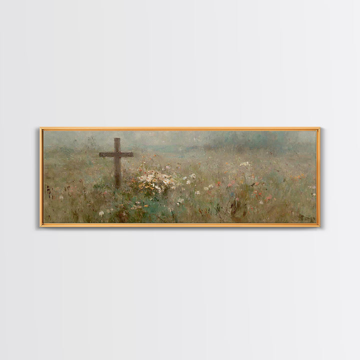 Quiet Garden Cross | Framed Canvas Print | Extra Wide Art | Christian Wall Art | Christian Art Print | Christian Christmas Decor | Modern C