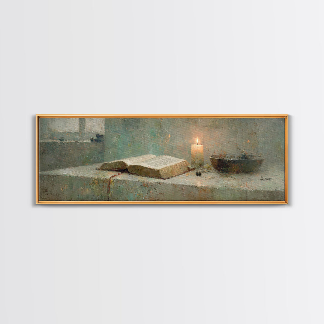 Sacred Study – Framed Canvas Print – Panoramic Painting – Christian Art Canvas – Christian Art Work – Christian Gift – Moody Christian Art