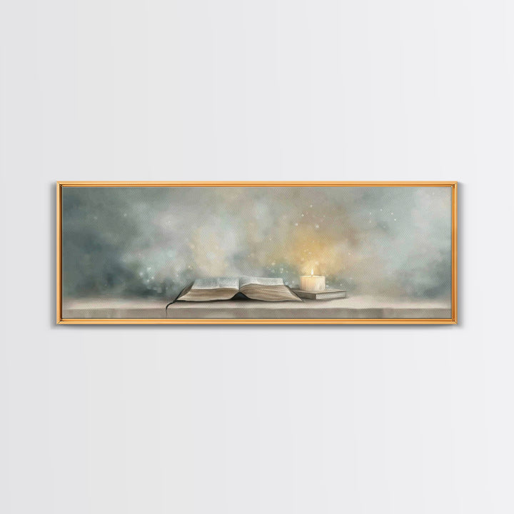 Candlelit Scripture | Framed Canvas Print | Christian Christmas Art | Panoramic Wall Art | Christian Art Canvas | Christian Painting | Chri
