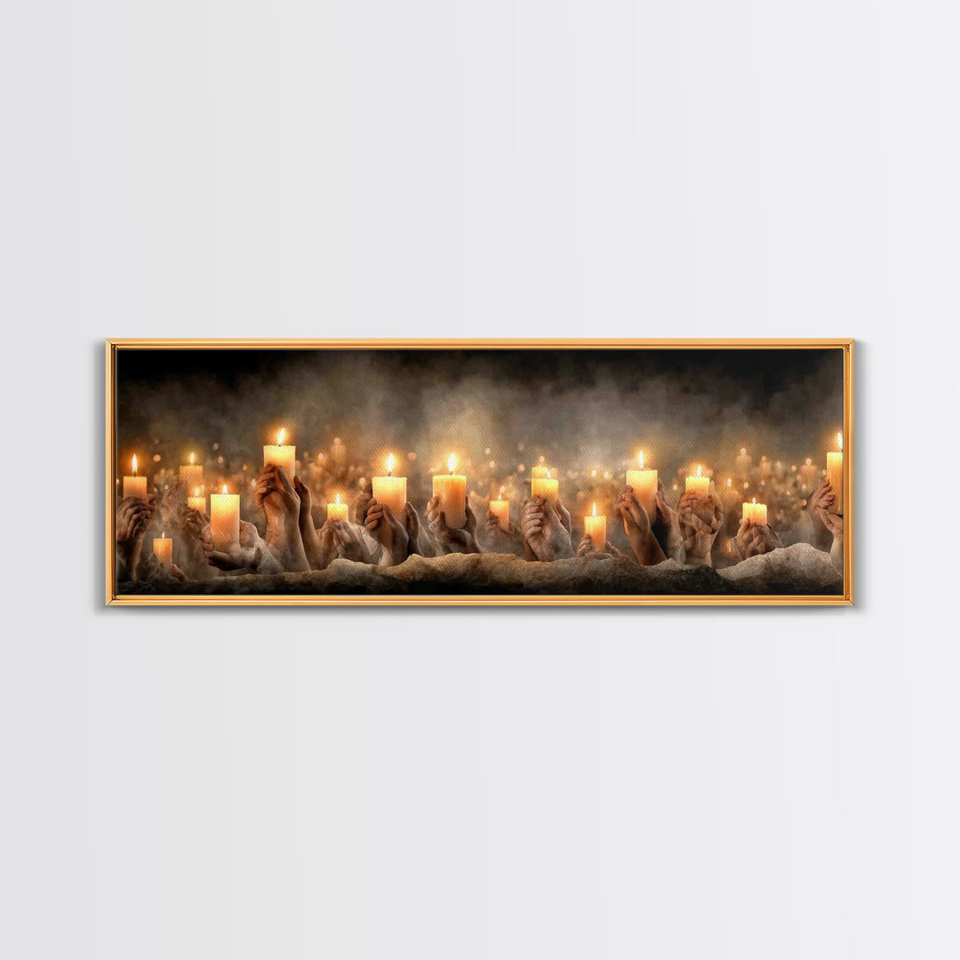 Uplifted Flame Tribute, Framed Canvas Print, Christian Wall Art, Panoramic Art, Christian Christmas Art, Christian Art Canvas, Prayer Art