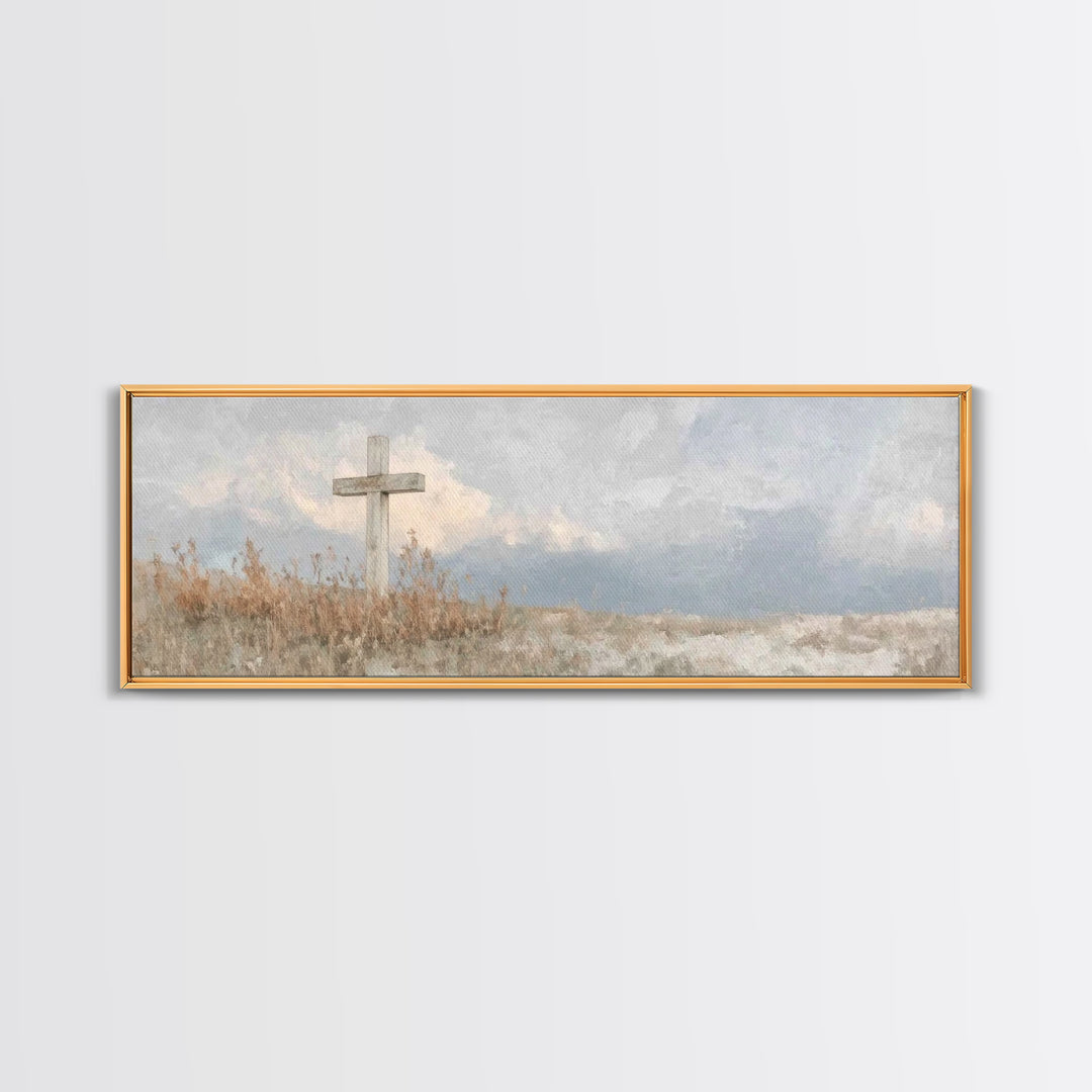 Cross On The Hill – Framed Canvas Print – Christian Art Canvas – Panoramic Painting – Christian Wall Art – Christian Gift – Christian Art