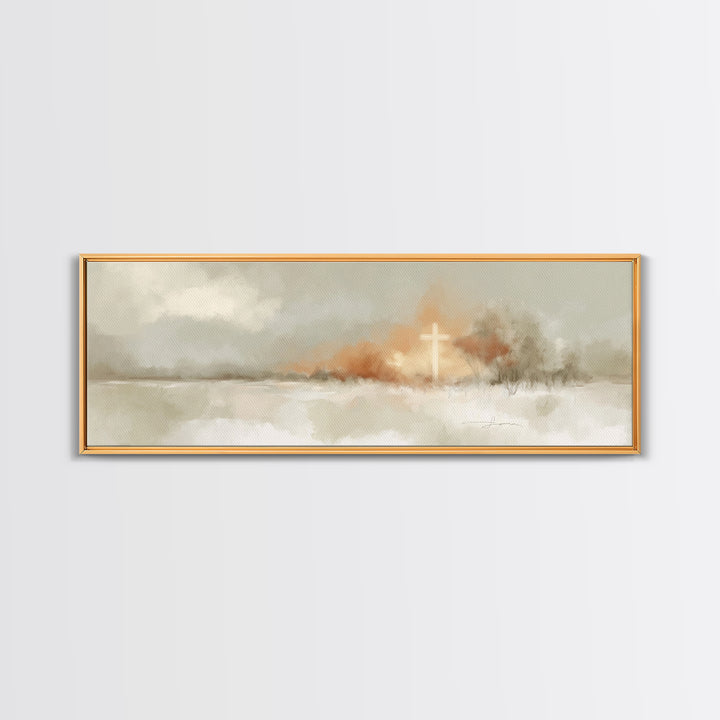 Light On Calvary, Framed Canvas Print, Christian Wall Art, Panoramic Painting, Christian Art Canvas, Christian Painting, Christian Decor