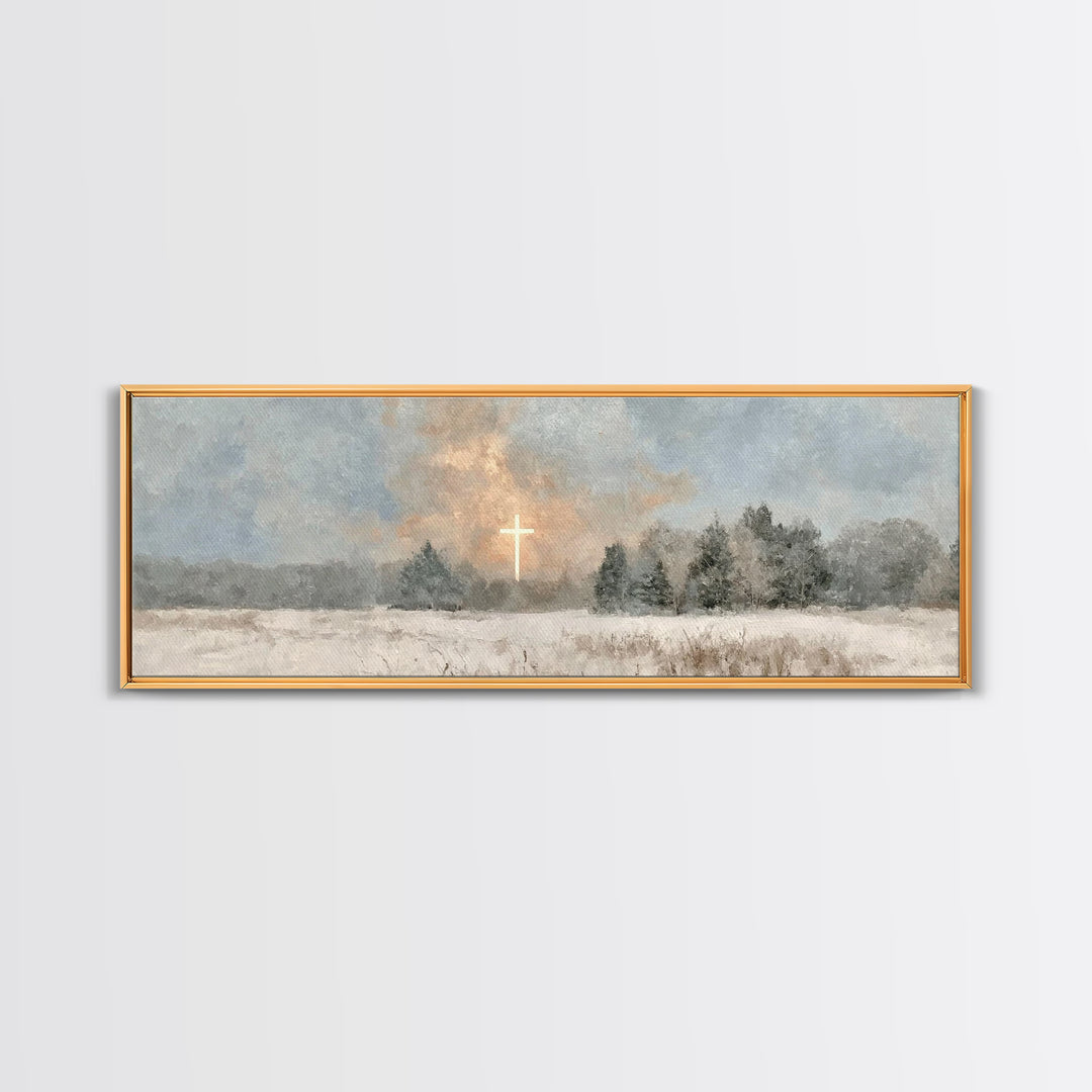 Winter Cross Light, Framed Canvas Print, Panoramic Art, Christian Art Canvas, Christian Wall Art, Christian Painting, Christmas Art