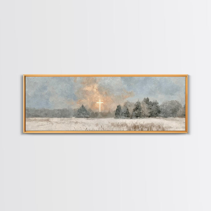 Winter Cross Light, Framed Canvas Print, Panoramic Art, Christian Art Canvas, Christian Wall Art, Christian Painting, Christmas Art