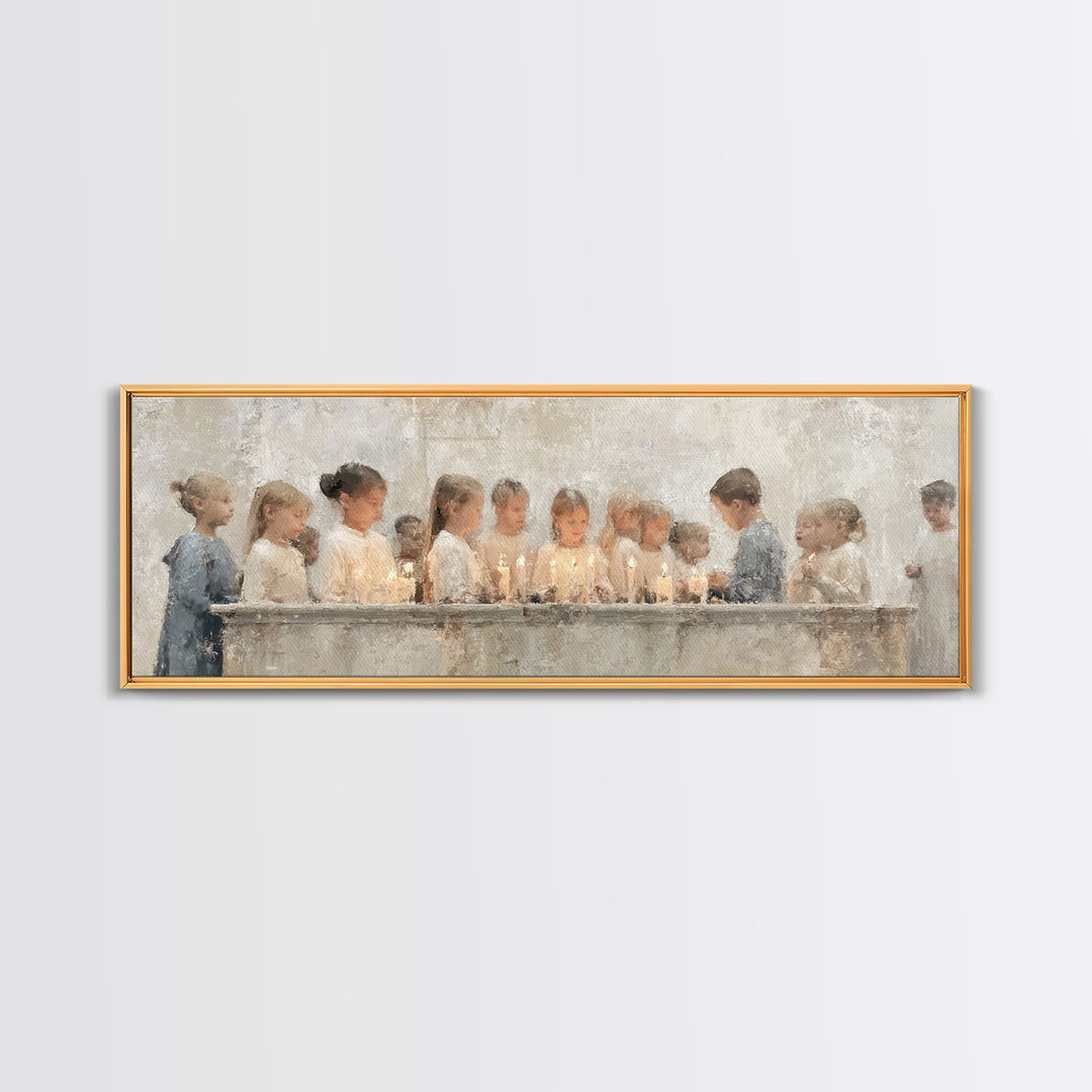 Children’s Candle Prayer – Framed Canvas Print – Panoramic Art – Christian Wall Art – Christian Art Canvas – Christian Painting – Christmas