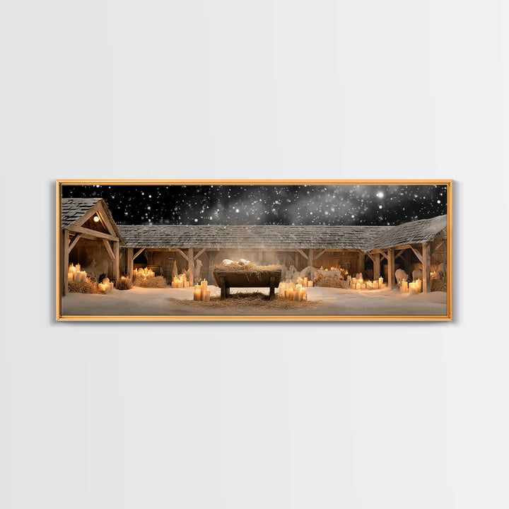 Holy Night Cradle, Framed Canvas Print, Panoramic Painting, Christian Wall Art, Jesus Christmas Art, Christian Art Canvas, Christmas Art