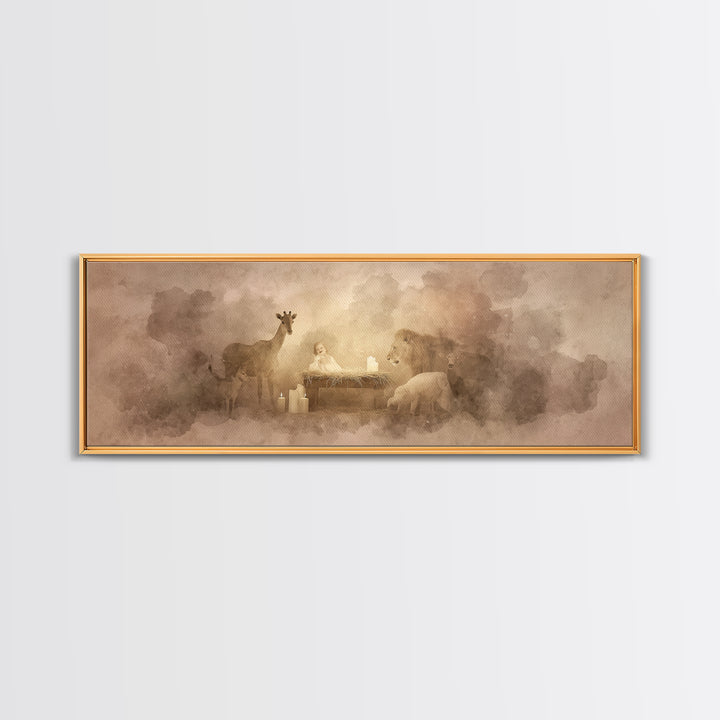 Gentle Manger Peace, Framed Canvas Print, Christian Wall Art, Panoramic Art, Christian Art Canvas, Christmas Art, Christian Christmas Decor