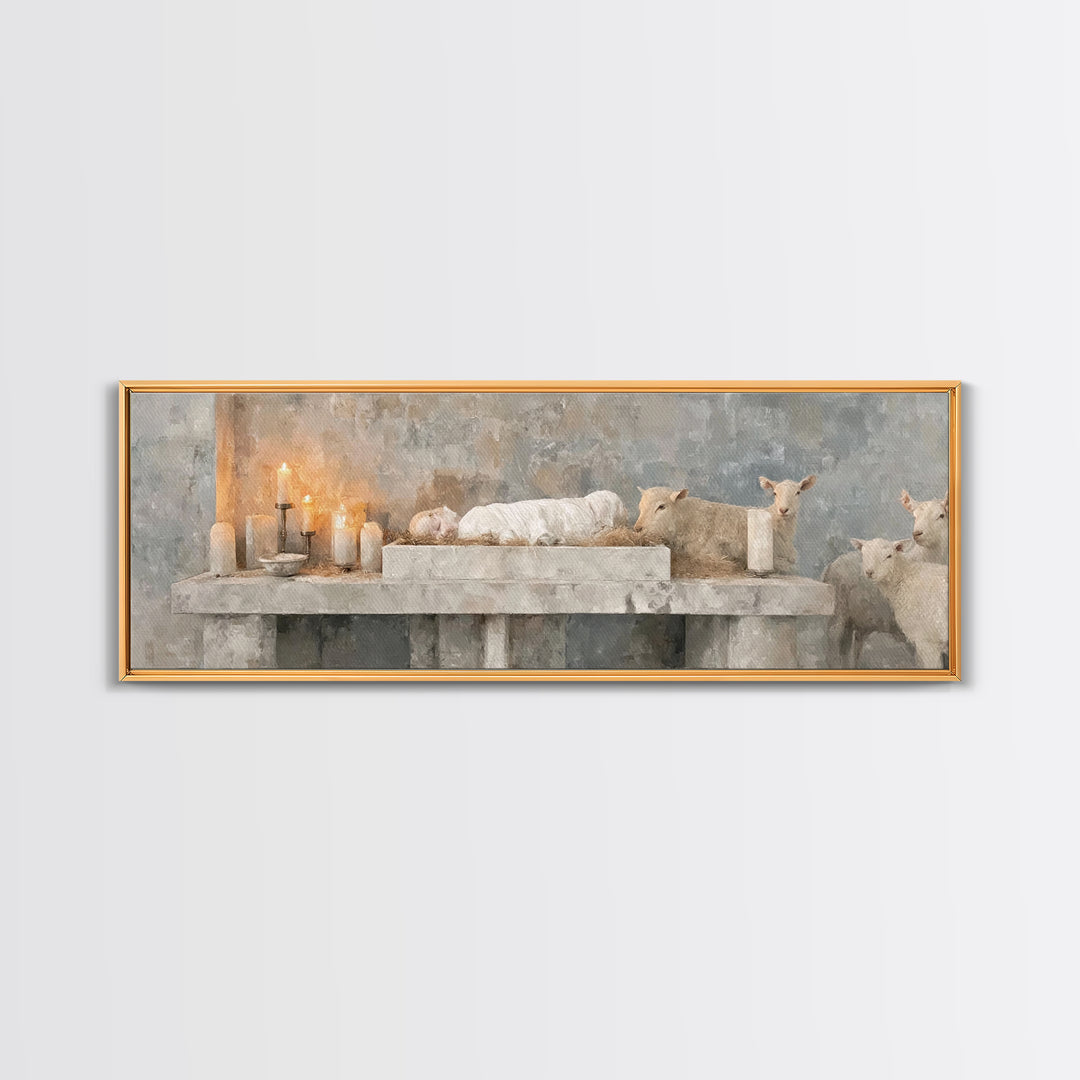 Manger Candle Hope, Framed Canvas Print, Panoramic Wall Art, Christmas Art, Christian Wall Art, Christian Art Canvas, Christian Gift