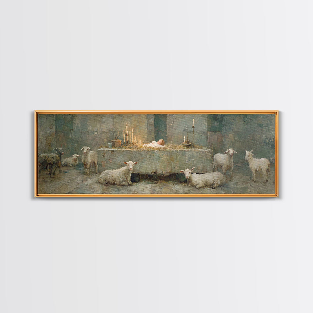 Quiet Stable Glory – Framed Canvas Print – Panoramic Art – Christian Wall Art – Christmas Wall Art – Christian Art Canvas – Vintage Christi
