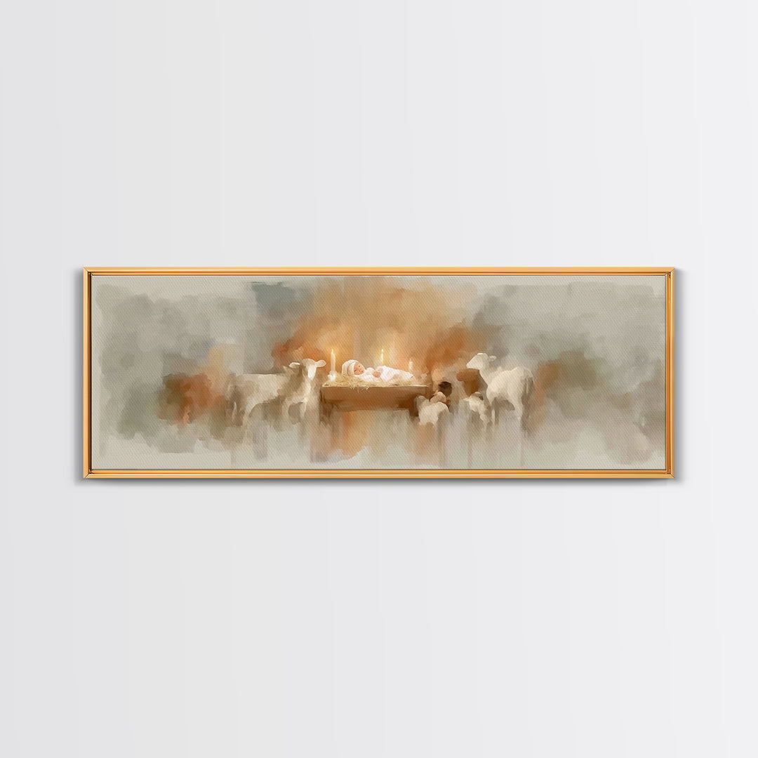 Soft Manger Glow | Framed Canvas Print | Christmas Art | Christian Art Canvas | Panoramic Painting | Christian Wall Art | Christian Christm