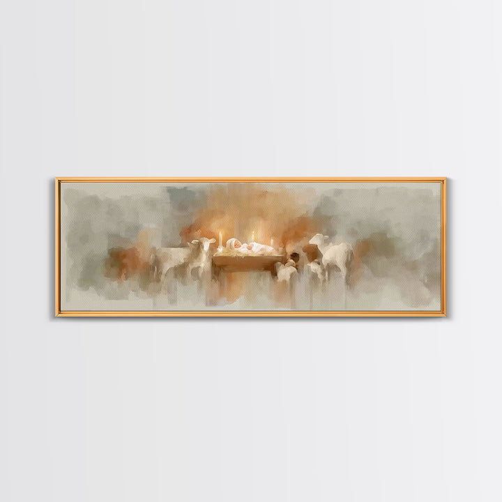 Soft Manger Glow | Framed Canvas Print | Christmas Art | Christian Art Canvas | Panoramic Painting | Christian Wall Art | Christian Christm