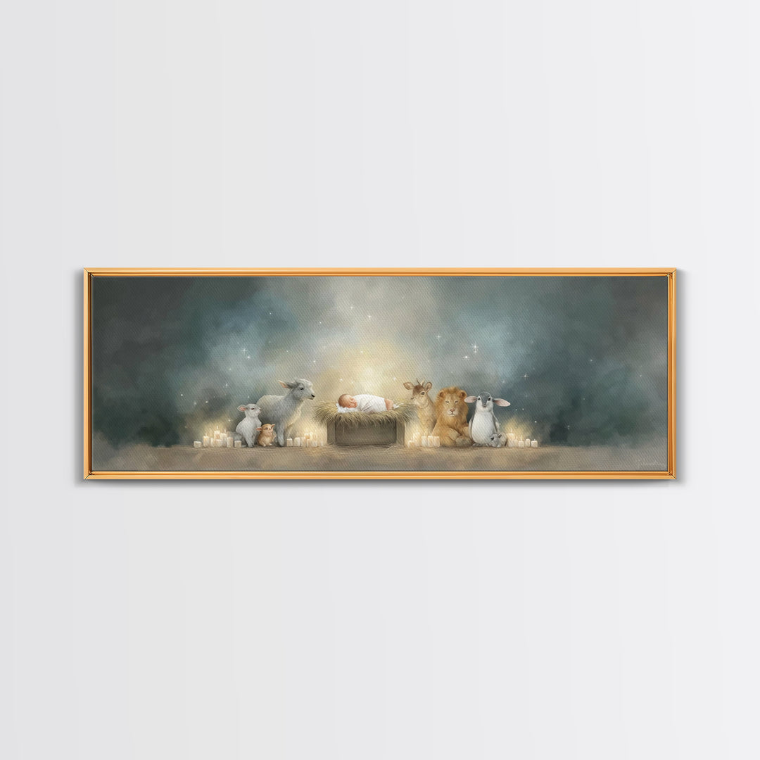Starry Cradle Light, Framed Canvas Print, Christian Christmas Art, Christian Art Canvas, Panoramic Art, Christmas Wall Art, Christian Art