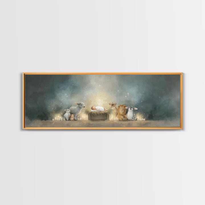 Starry Cradle Light, Framed Canvas Print, Christian Christmas Art, Christian Art Canvas, Panoramic Art, Christmas Wall Art, Christian Art