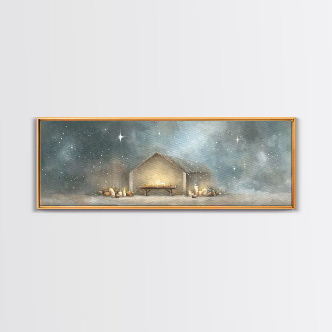 Gentle Stable Peace – Framed Canvas Print – Panoramic Painting – Christian Wall Art – Christian Art Canvas – Christmas Art – Subtle Christi
