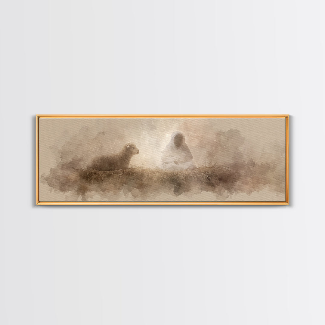 Starry Manger Glow | Framed Canvas Print | Christian Christmas Art | Christian Art Canvas | Jesus Painting | Panoramic Wall Art