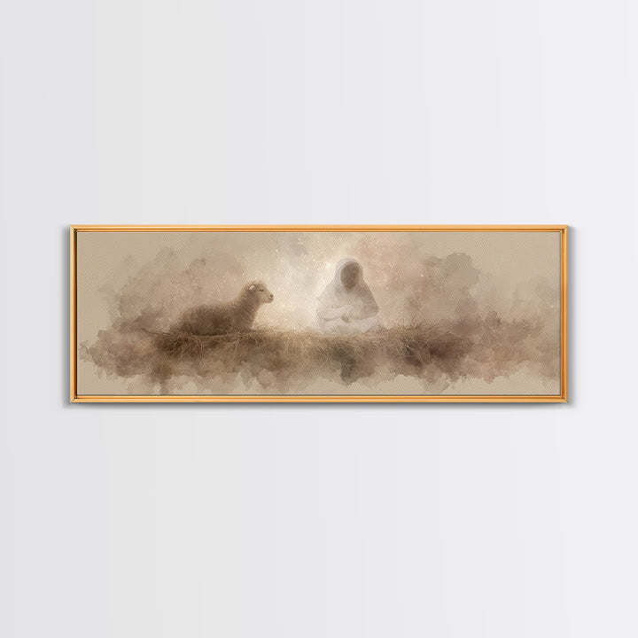 Starry Manger Glow | Framed Canvas Print | Christian Christmas Art | Christian Art Canvas | Jesus Painting | Panoramic Wall Art