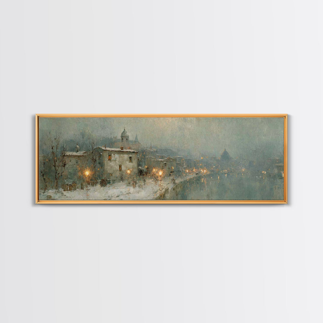 Winter Chapel Glow | Framed Canvas Print | Christian Art | Christian Christmas Art | Christian Art Canvas | Panoramic Wall Art | Christian