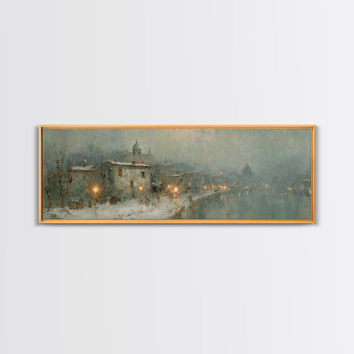 Winter Chapel Glow | Framed Canvas Print | Christian Art | Christian Christmas Art | Christian Art Canvas | Panoramic Wall Art | Christian